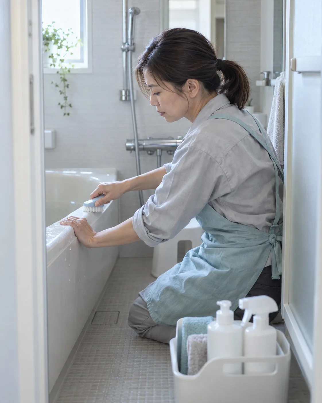 浴槽のふちを小さなブラシでこする担当。横顔の後ろから（イメージ・見本）